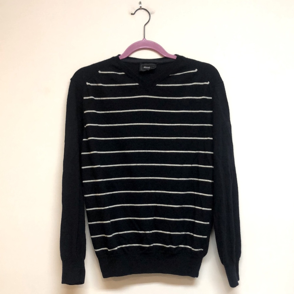 Vintage 100% Wool Mitch & Co Breton Stripe Navy Blue Vneck Boyfriend Sweater M L
